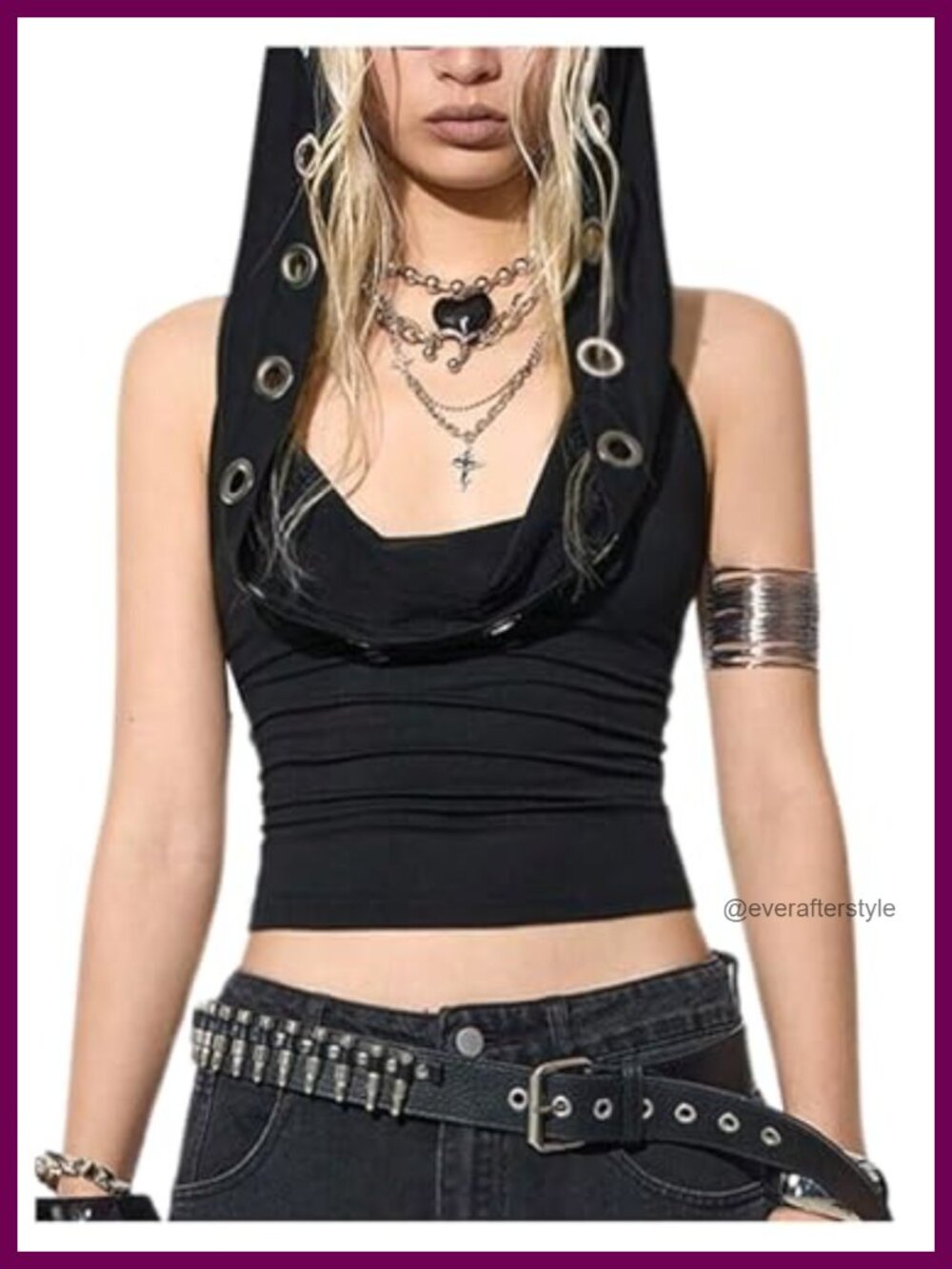 Y2K Goth Hoodie Grommet Eyelet Sleeveless Top Grunge Club Party